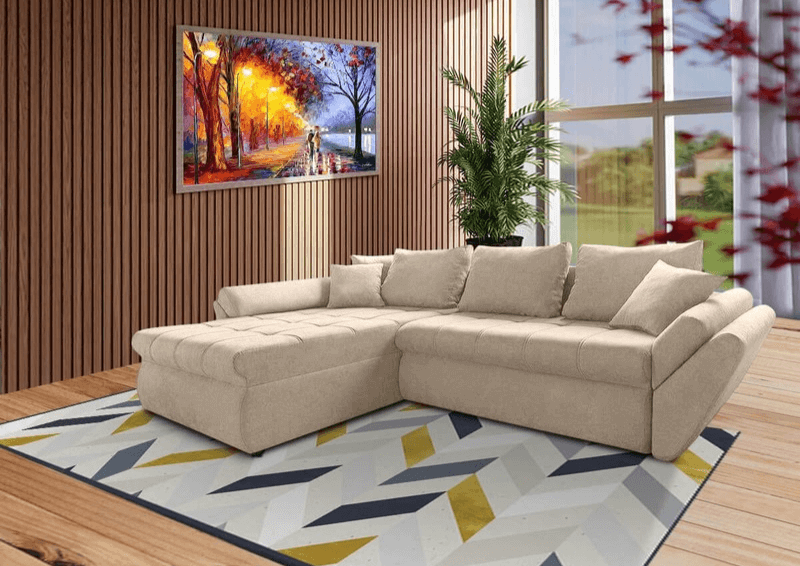 Colțar extensibil cu ladă de depozitare Loana Bej 275x185 cm | Dumonde Furniture & Deco Concept.