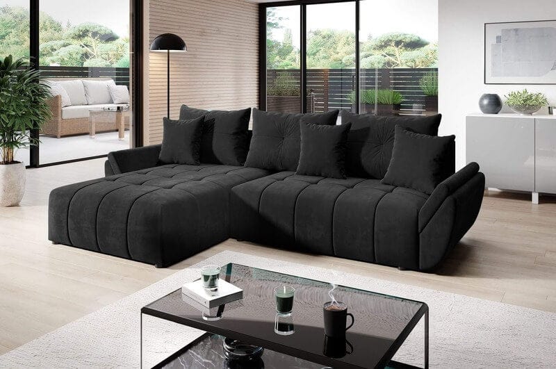Colțar extensibil cu ladă de depozitare Berlin Black 280x185 cm | Dumonde Furniture & Deco Concept.