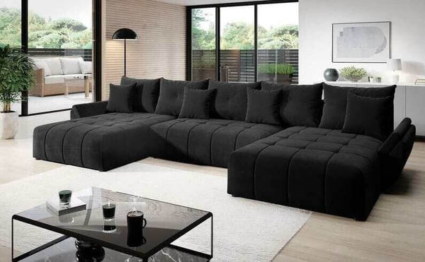 Colțar extensibil cu ladă de depozitare Berlin U Black 380x180 cm | Dumonde Furniture & Deco Concept.