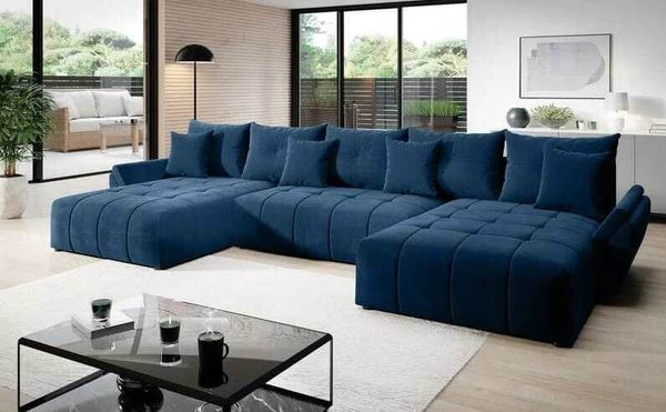 Colțar extensibil cu ladă de depozitare Berlin U Blue 380x180 cm | Dumonde Furniture & Deco Concept.