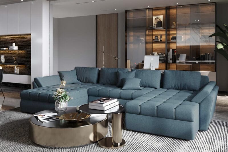 Colțar extensibil cu ladă de depozitare Loana Blue U 370x185 cm | Dumonde Furniture & Deco Concept.