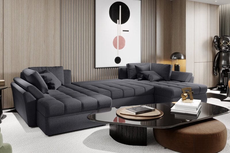 Colțar extensibil cu ladă de depozitare Loana U Grafit 370x185 cm | Dumonde Furniture & Deco Concept.