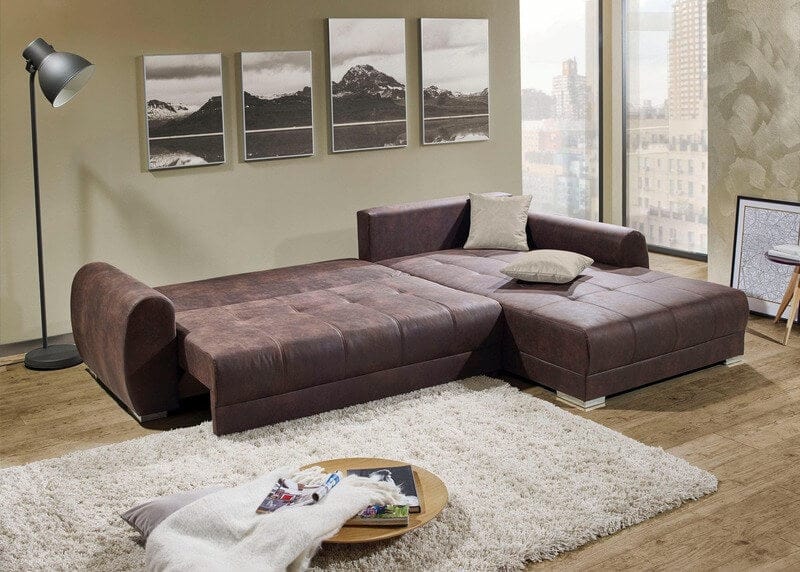 Colțar extensibil cu ladă de depozitare Montego Braun 300x185 cm | Dumonde Furniture & Deco Concept.