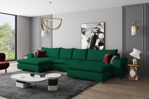 Colțar extensibil cu ladă de depozitare Maxine Green Passion 450x180 cm | Dumonde Furniture & Deco Concept.
