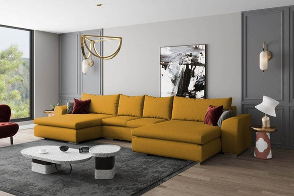 Colțar extensibil cu ladă de depozitare Maxine Mustar 450x180 cm | Dumonde Furniture & Deco Concept.