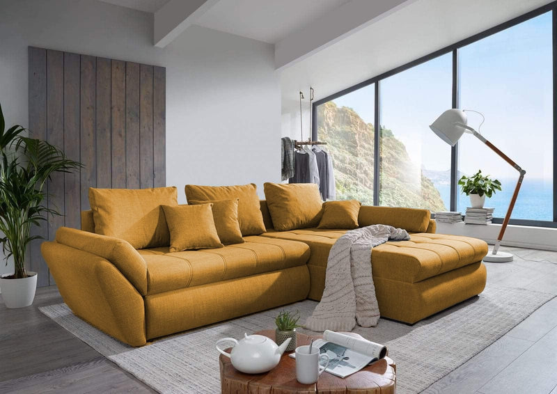 Colțar extensibil cu ladă de depozitare Loana Muștar II 275x185 cm | Dumonde Furniture & Deco Concept.