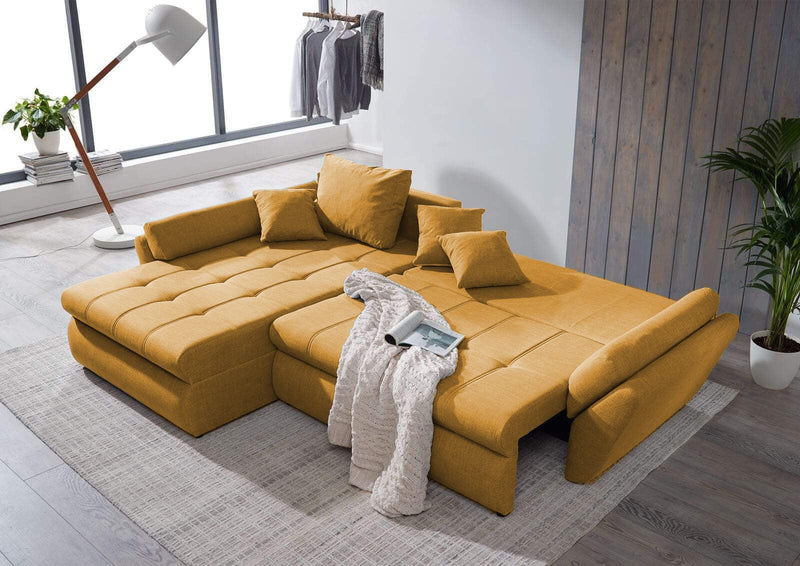 Colțar extensibil cu ladă de depozitare Loana Muștar 275x185 cm | Dumonde Furniture & Deco Concept.