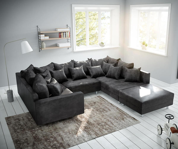 Colțar modular cu taburet inclus Justin Antracit 300x200 cm | Dumonde Furniture & Deco Concept.