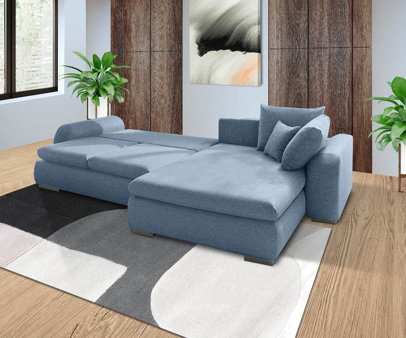 Colțar extensibil cu ladă de depozitare Maxine Denim 330x178 cm | Dumonde Furniture & Deco Concept.