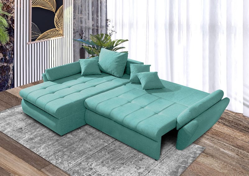 Colțar extensibil cu ladă de depozitare Loana Mint 275x185 cm | Dumonde Furniture & Deco Concept.